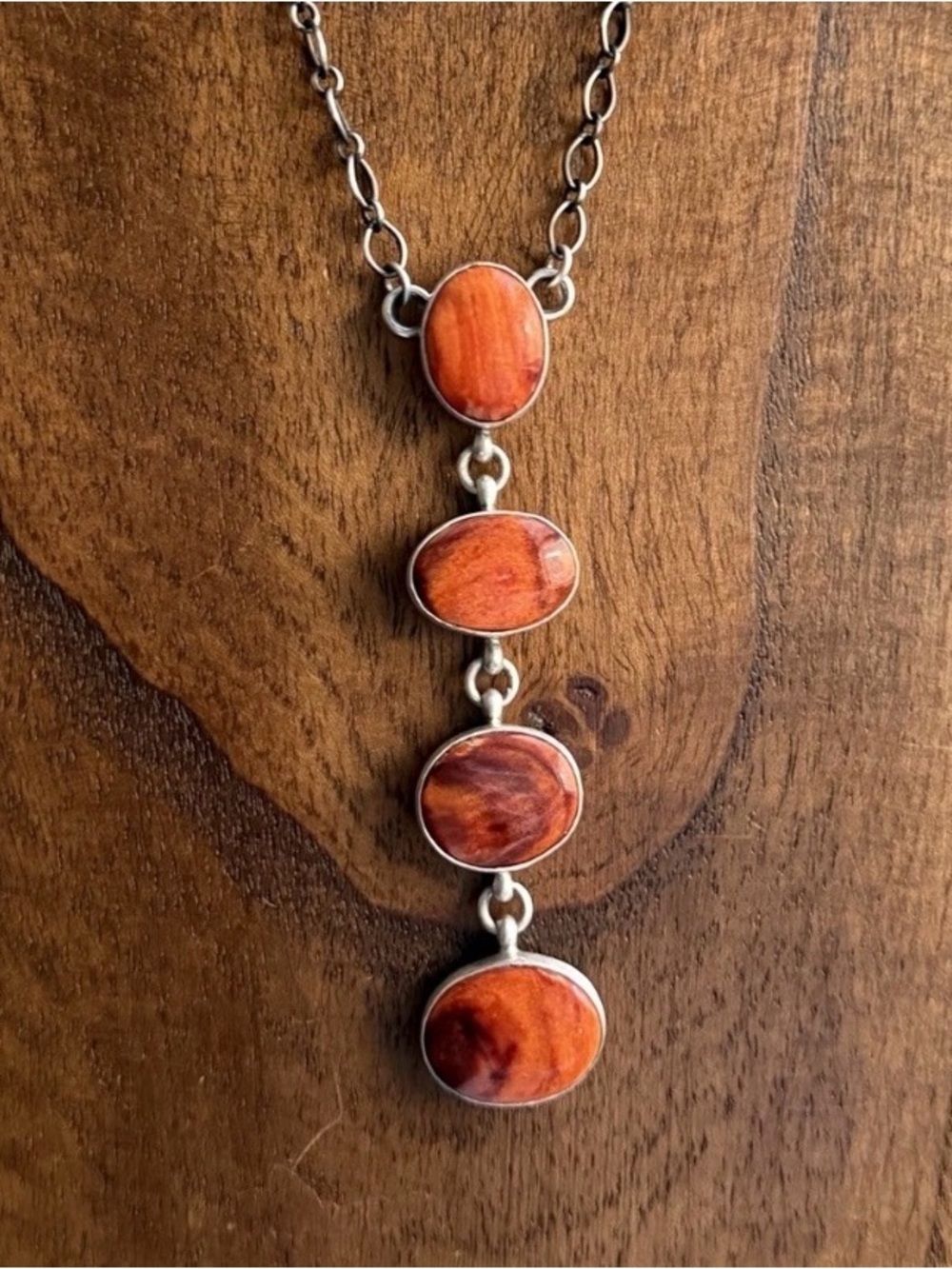 Navajo Sterling Silver Orange Spiny Oyster Lariat Chain Necklace C Shorty